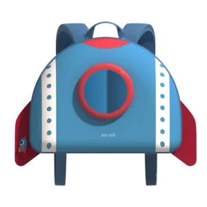 Niebieski plecak dla chłopca ZOY ZOII w kształcie rakiety kosmicznej z okienkiem - widok z przodu.