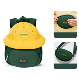 Żółty plecak dla dzieci w kształcie ananasa z zielonymi liśćmi, wykonany z miękkiej pianki SBR.