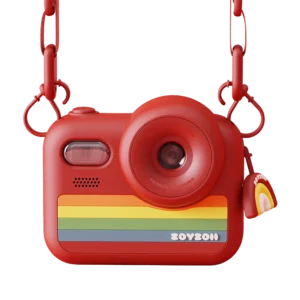 Czerwony aparat fotograficzny dla dzieci z motywem tęczy i silikonową obudową marki Zoy Zoii