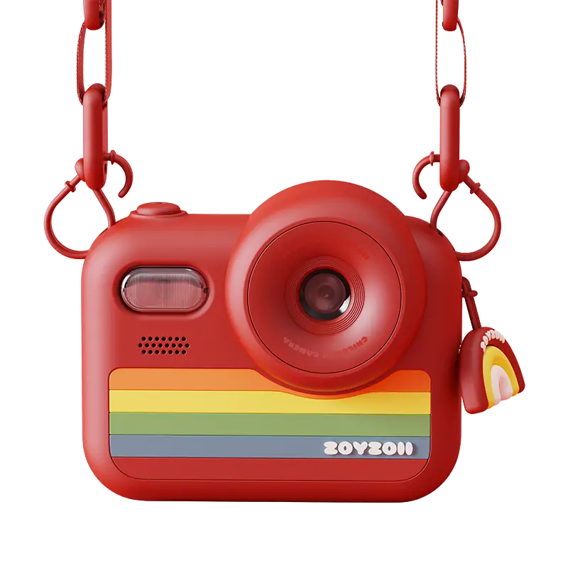 Czerwony aparat fotograficzny dla dzieci z motywem tęczy i silikonową obudową marki Zoy Zoii