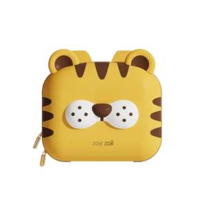 Żółty plecak dla przedszkolaka ZOY ZOII w kształcie tygryska z uszkami - widok z przodu.