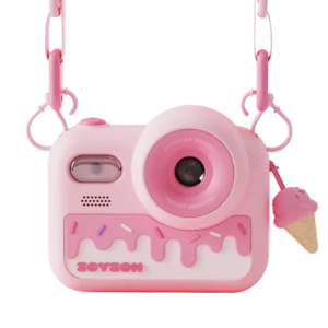 Pastelowy różowy aparat fotograficzny dla dziewczynki z motywem topniejącego loda i posypką