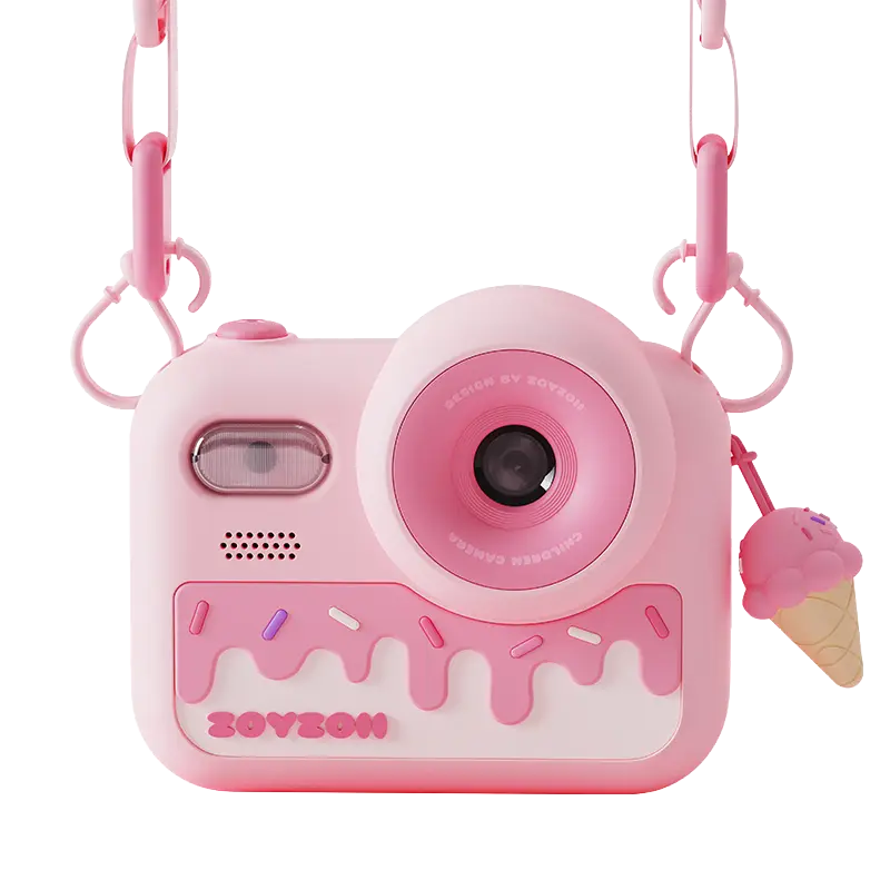 Pastelowy różowy aparat fotograficzny dla dziewczynki z motywem topniejącego loda i posypką