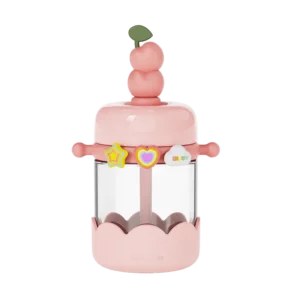 Pastelowy różowy bidon ze słomką dla dziewczynki z nakrętką w kształcie owocu brzoskwini