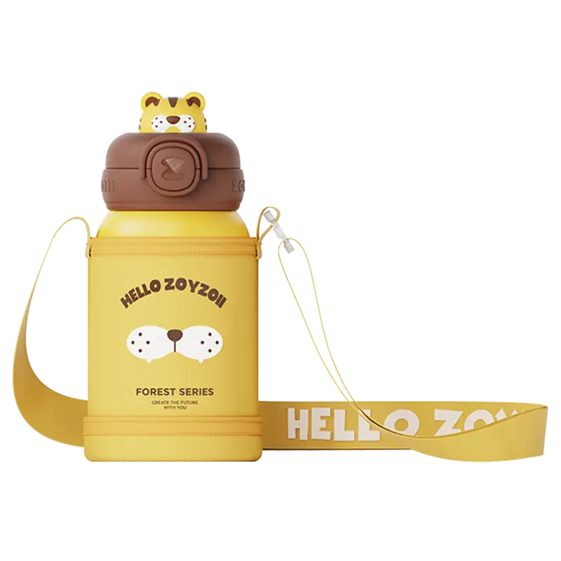 Żółty termos dla dziecka z wizerunkiem tygrysa i silikonową nakrętką 3D