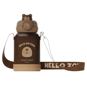 Brązowy termos dla dziecka ze stali nierdzewnej z etui i nakrętką w kształcie głowy misia