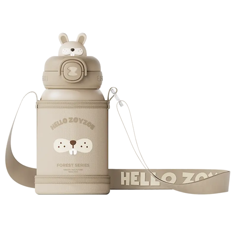 Beżowy bidon termiczny dla dziewczynki z motywem królika i wygodnym paskiem