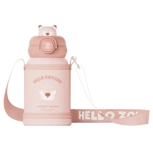 różowy bidon termiczny dla dziewczynki z motywem misia i wygodnym paskiem
