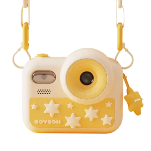 Żółty aparat cyfrowy dla dzieci z motywem gwiazdek i silikonową obudową