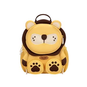 Żółty plecak dla dziecka w kształcie lwa z brązową grzywą i uszami, marka Zoy Zoii, idealny do przedszkola.