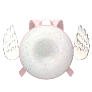 Różowy plecak dla dziewczynki w kształcie pączka z brokatową powłoką i holograficznymi skrzydłami.