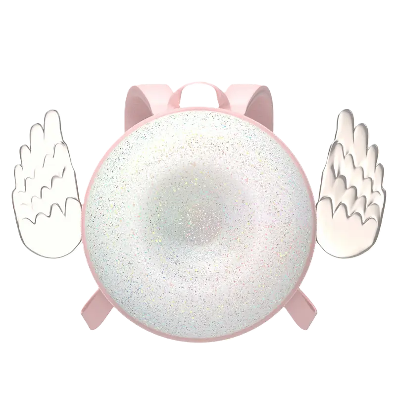 Różowy plecak dla dziewczynki w kształcie pączka z brokatową powłoką i holograficznymi skrzydłami.