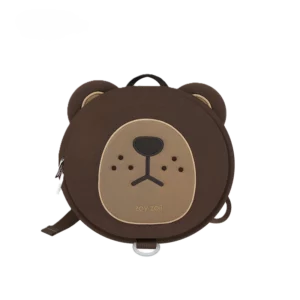 Brązowy plecaczek dla dzieci marki Zoy Zoii w kształcie głowy misia, widok z przodu na białym tle.