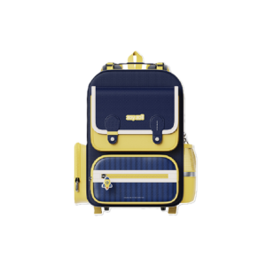 Granatowy plecak szkolny dla dziecka w stylu retro z żółtymi akcentami i ozdobną rakietą przy zamku.