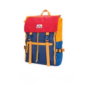 Kolorowy plecak dziecięcy Zoy Zoii w barwach granatu, czerwieni i pomarańczu z retro klamrami na białym tle.